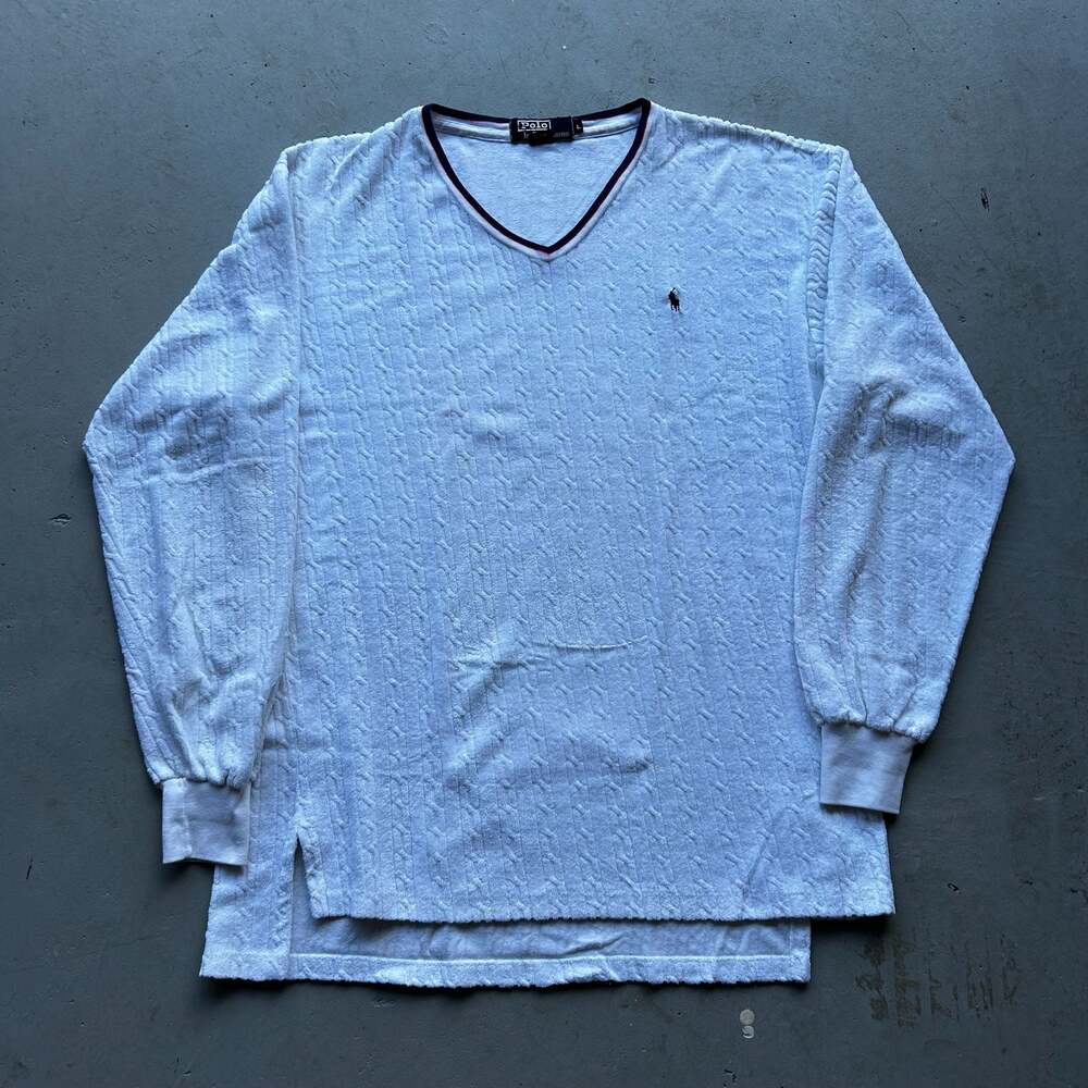 Vintage Polo Ralph Lauren Cable Terry Cloth V-Neck Pullover Sweater Made in USA